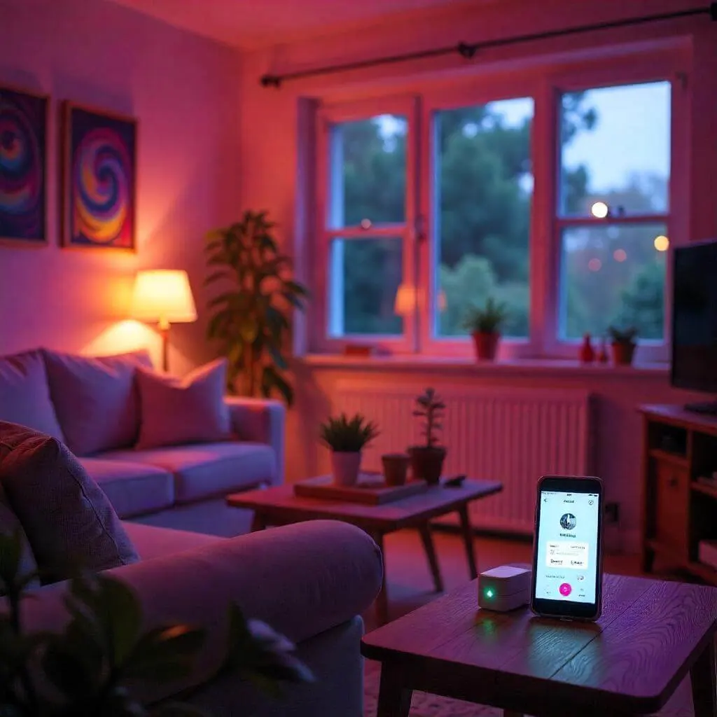 Cozy living room featuring a Wyze DIY home security system with a hub, motion sensors, door/window sensors, and a camera for affordable, easy monitoring.