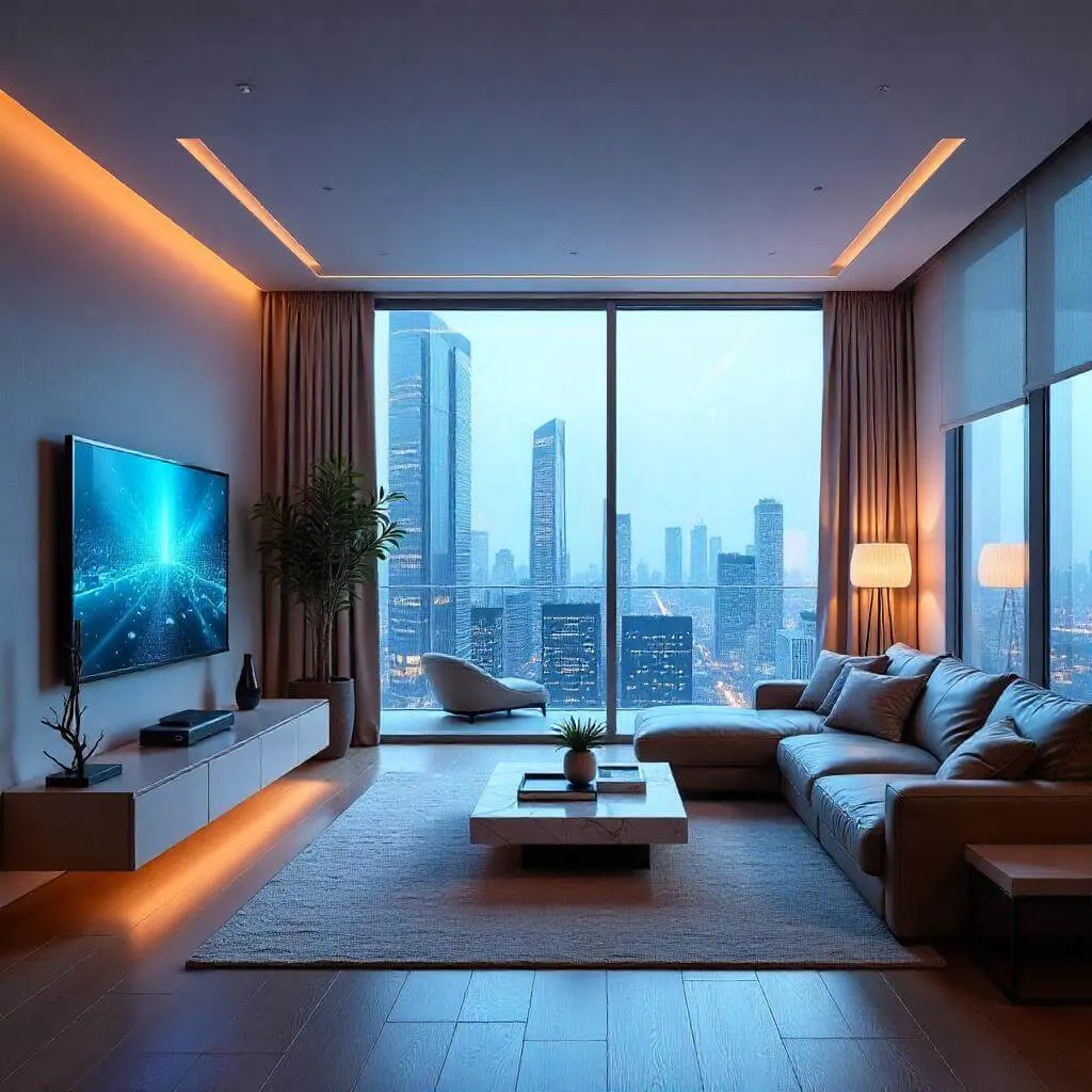 A modern luxury living room with smart home technology, featuring automated blinds, a wall-mounted home hub, a voice-activated AI assistant, and futuristic lighting, overlooking a city skyline through floor-to-ceiling windows.