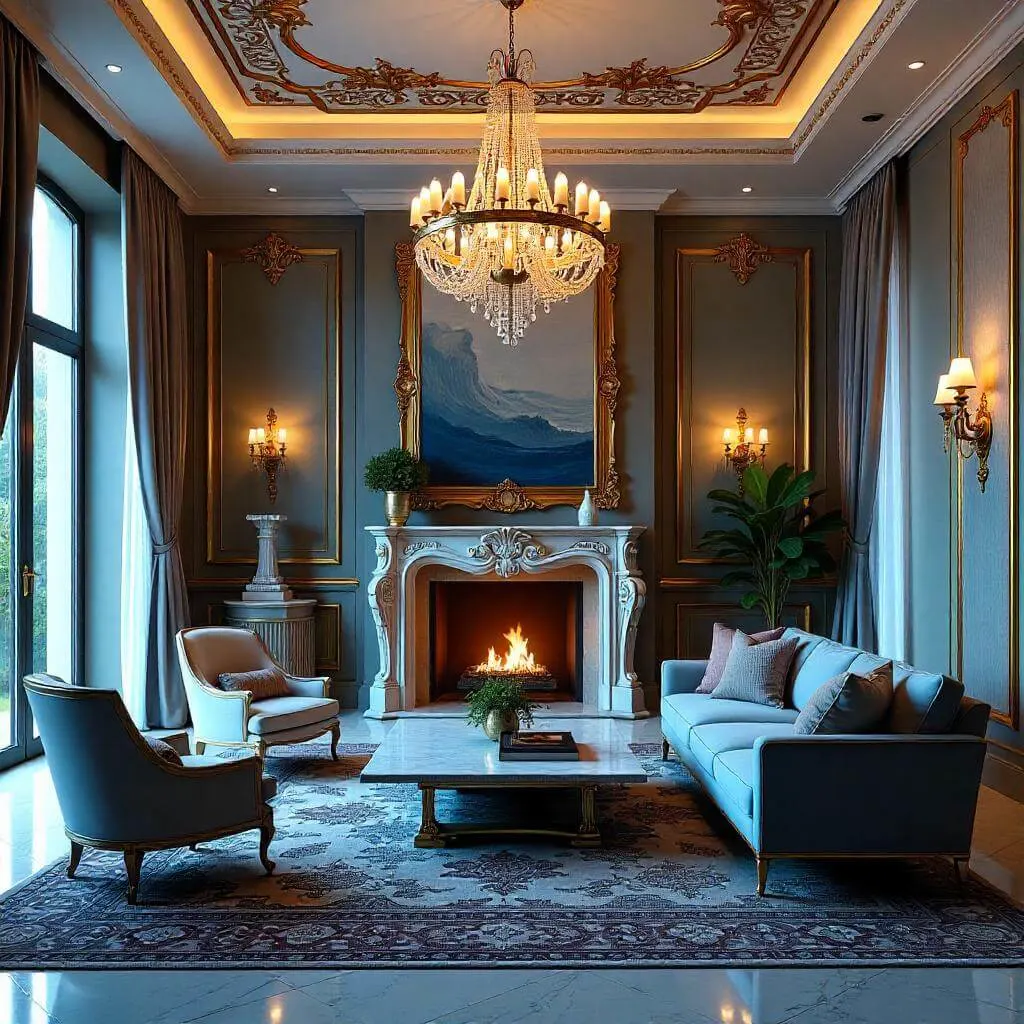 A grand living room with lavish interiors, featuring a crystal chandelier, gold-accented walls, plush velvet furniture, a marble coffee table, and a carved fireplace framed by floor-to-ceiling windows with silk drapes.