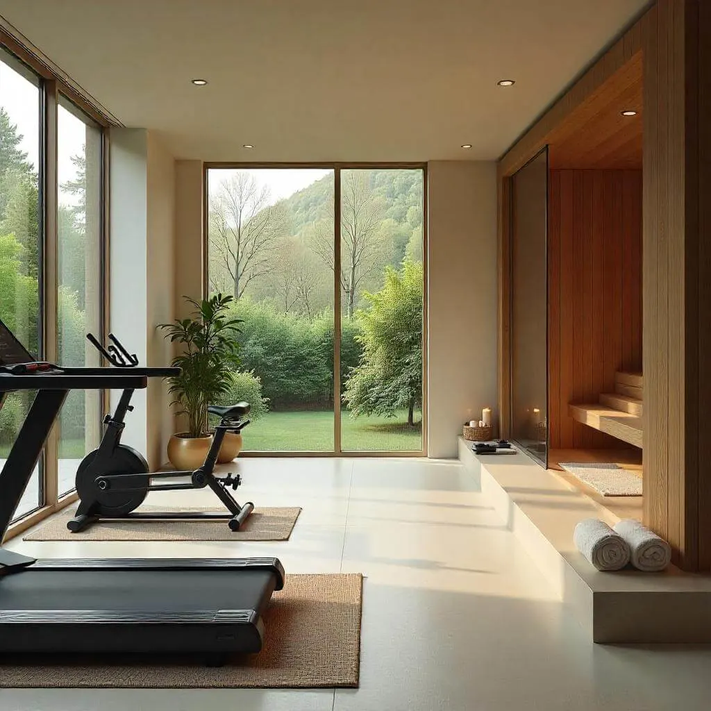 A luxurious home wellness space featuring a modern gym with exercise equipment, a yoga and meditation corner, a wooden infrared sauna, and a tranquil spa area with a massage chair and indoor water feature.