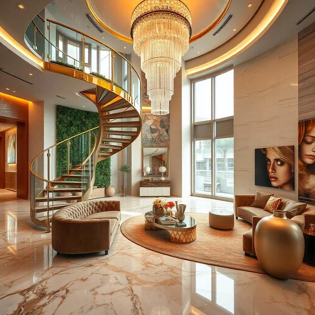 A luxurious interior featuring a grand spiral staircase with a glass and gold railing, marble flooring with intricate geometric inlays, a custom cascading crystal chandelier, and a living vertical garden accent wall.